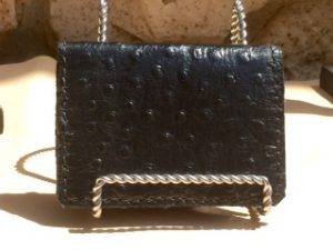 Men's ostrich embossed leather wallet with front pocket hand made by Priddy Stitches.